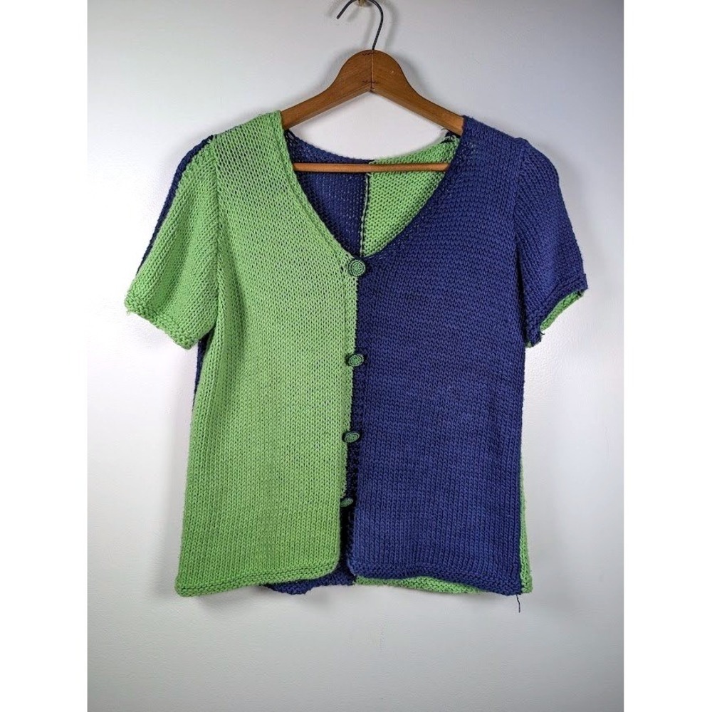 Handmade Knitted Sweater Size Large Color Block Artsy Funky Keyhole Short Sleeve